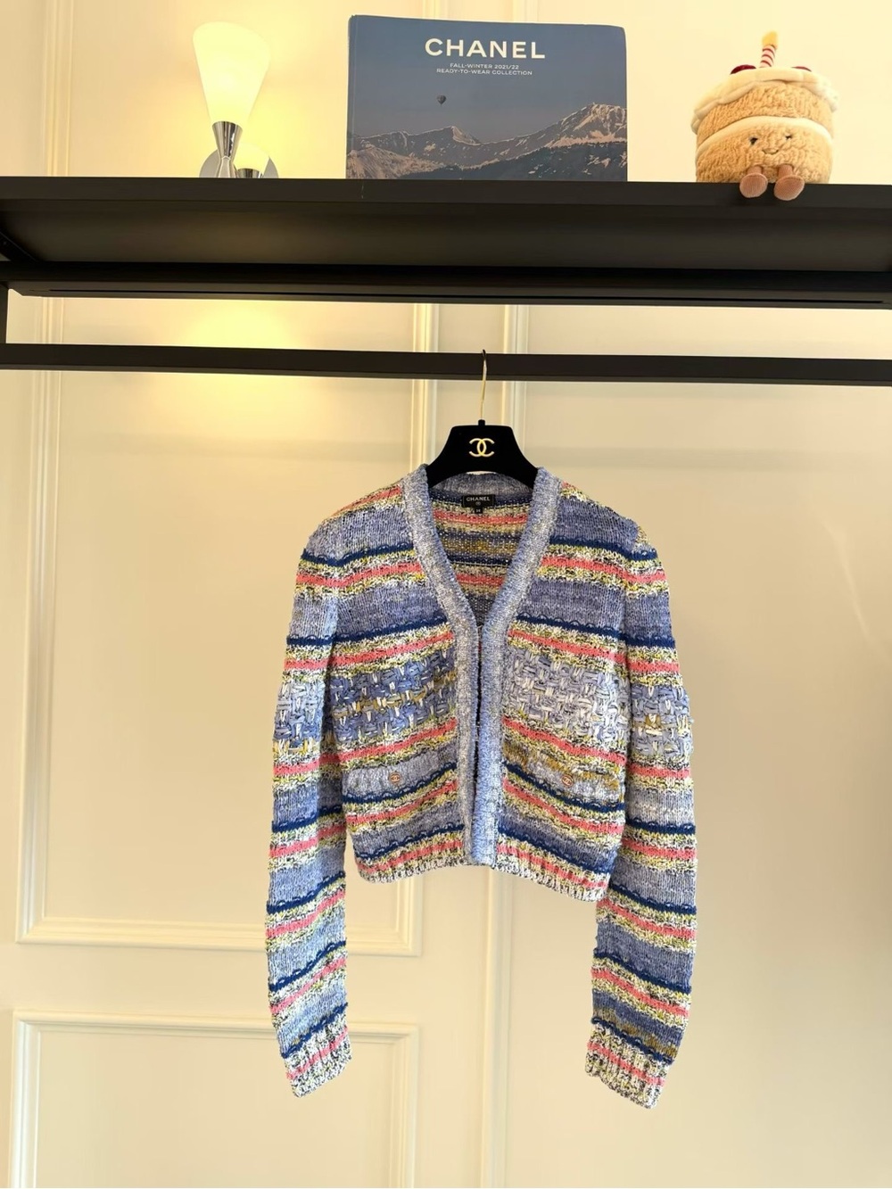 CHANEL Multicolor Striped Bouclé Cropped Cardigan - Light Blue, Pink, Yellow